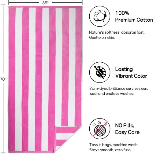 Cabanana Large Oversized Beach Towel - Soft Pink Striped Cotton Pool Towel | 35 x 70 Inch
