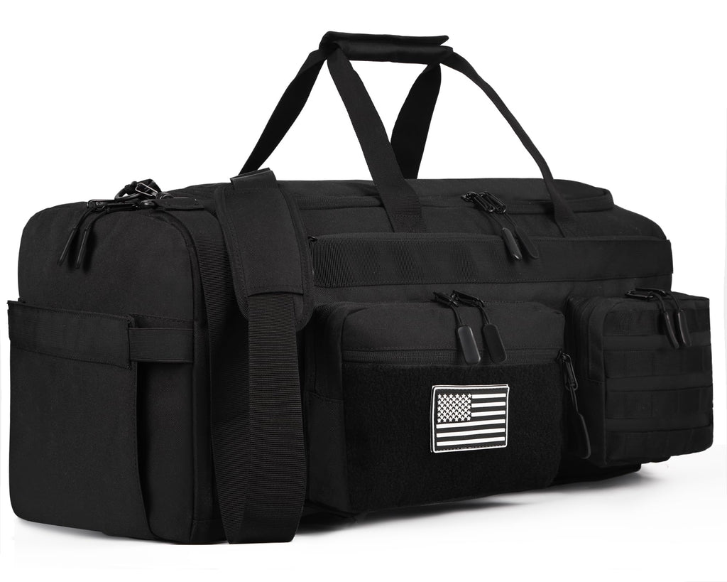 LHI 50L Tactical Duffle Bag for Men, 3-in-1 Gym Duffle and Backpack, Shoe Compartment, Laptop Sleeve and MOLLE, Carry-On Travel Weekender and Overnight Bag – Black