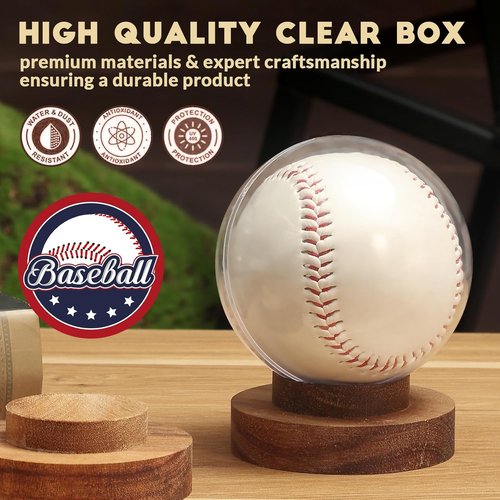 JupDec Baseball Display Case - Round Clear Ball Holder with Wooden Base | Acacia Wood, Brown