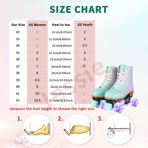 Jessie Girl & Women's PU Leather Flash Kids Roller Skates, Fantasy Adjustable Four-Wheel Beginner Skates for Girls Ages 8-12, Indoor & Outdoor (Youth 2)