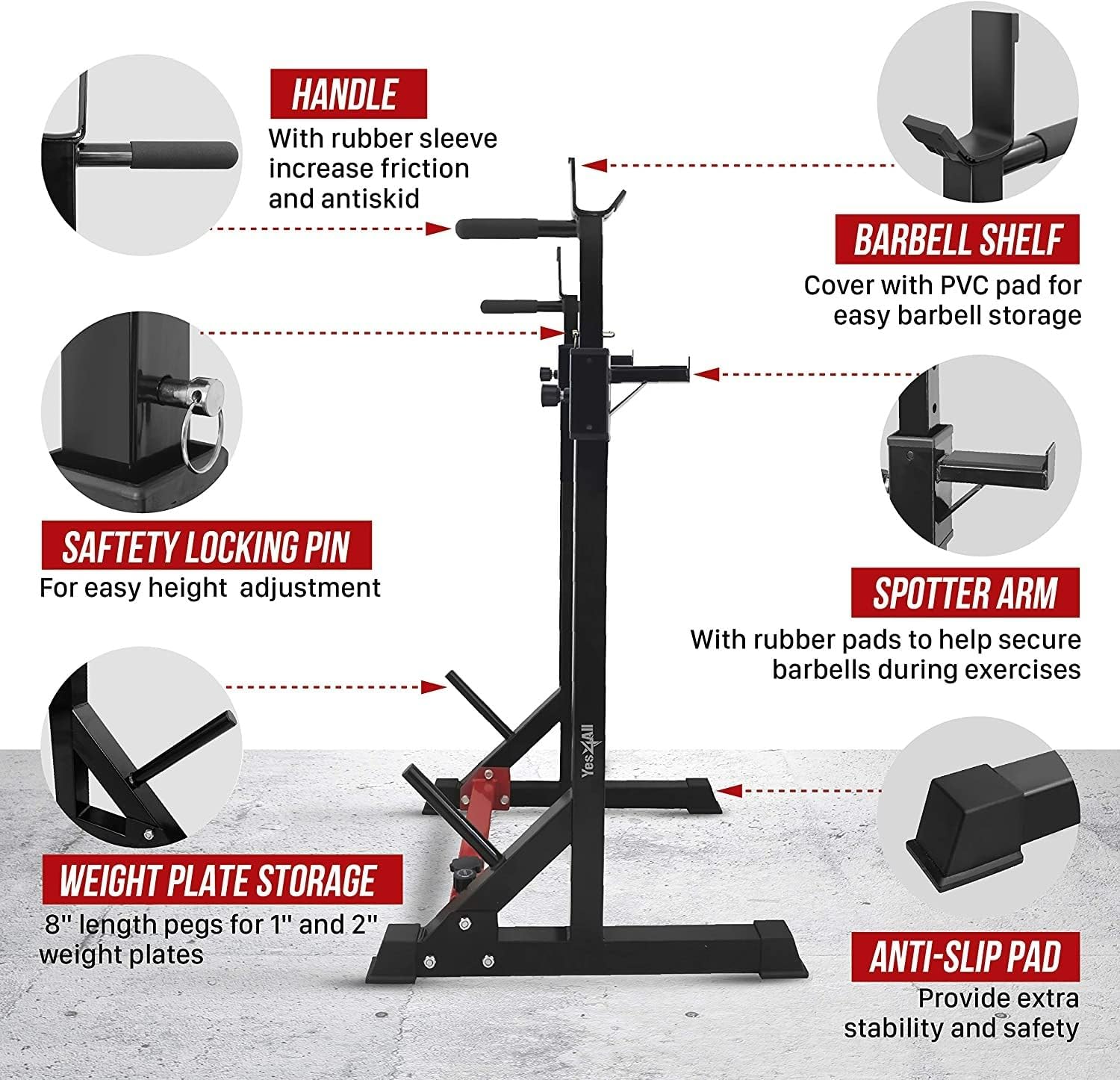 Yes4All Squat Rack for Home Gym, Adjustable Barbell Stand Rack, Multi-Function Weight Lifting, Dip Bar Station, Bench Press Rack Stand, Weight Plate Storage - Capacity Up to 600LBS