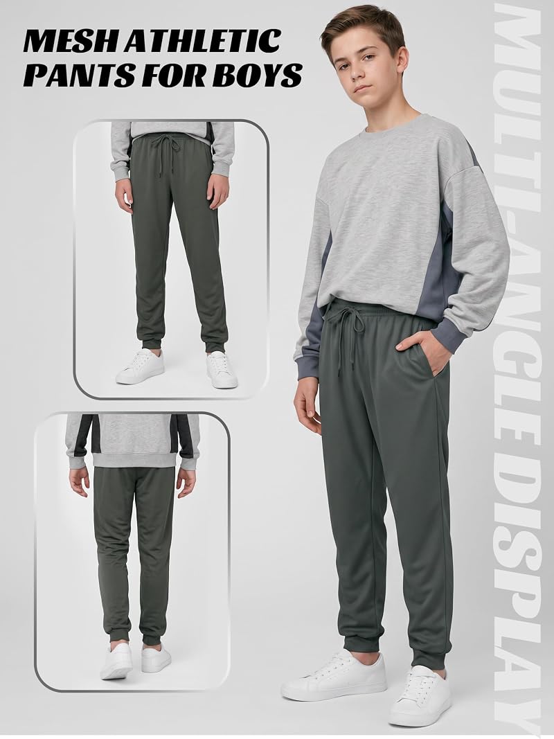 Resinta 4-Pack Boys Mesh Athletic Joggers with Pockets – Lightweight Kids Sweatpants (Black, Dark Grey, Navy, Light Grey)