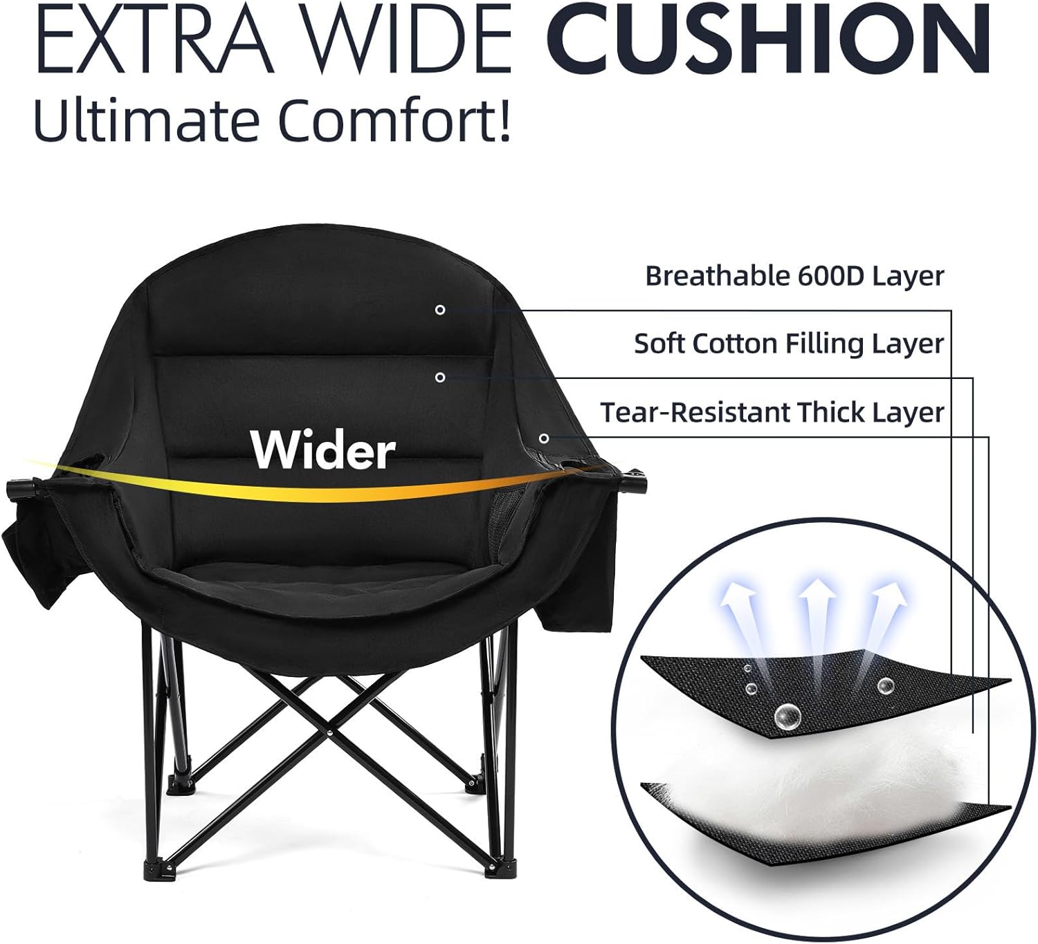 Skiennix Oversized Camping Chair - Heavy Duty Padded Folding Lawn Chair with Cup Holder | Supports 500lbs, All Black