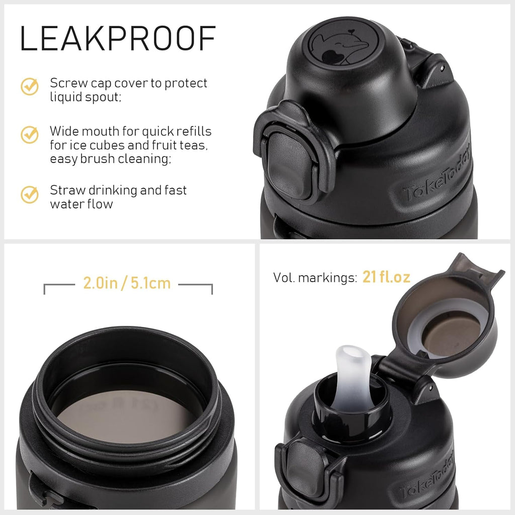 TakeToday Collapsible Water Bottle - 21oz Foldable Platinum Silicone with Straw & Carry Strap | BPA-Free, Leak-Resistant
