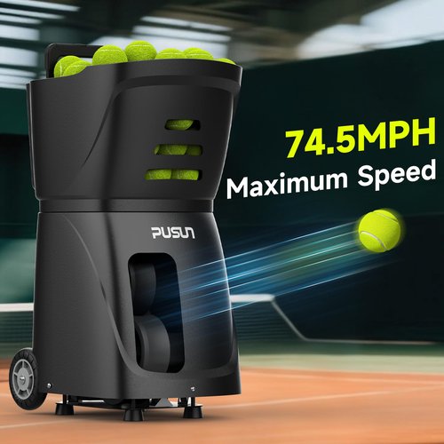 PUSUN Tennis Ball Machine, Tennis Ball Launcher with App/Remote/iWatch Control, Max Speed of 75Mph, 1.8-8s/Ball, Multiple Training Modes(AI Drill/Programming/Random/Vary Speed) 4-6Hrs Battery Life