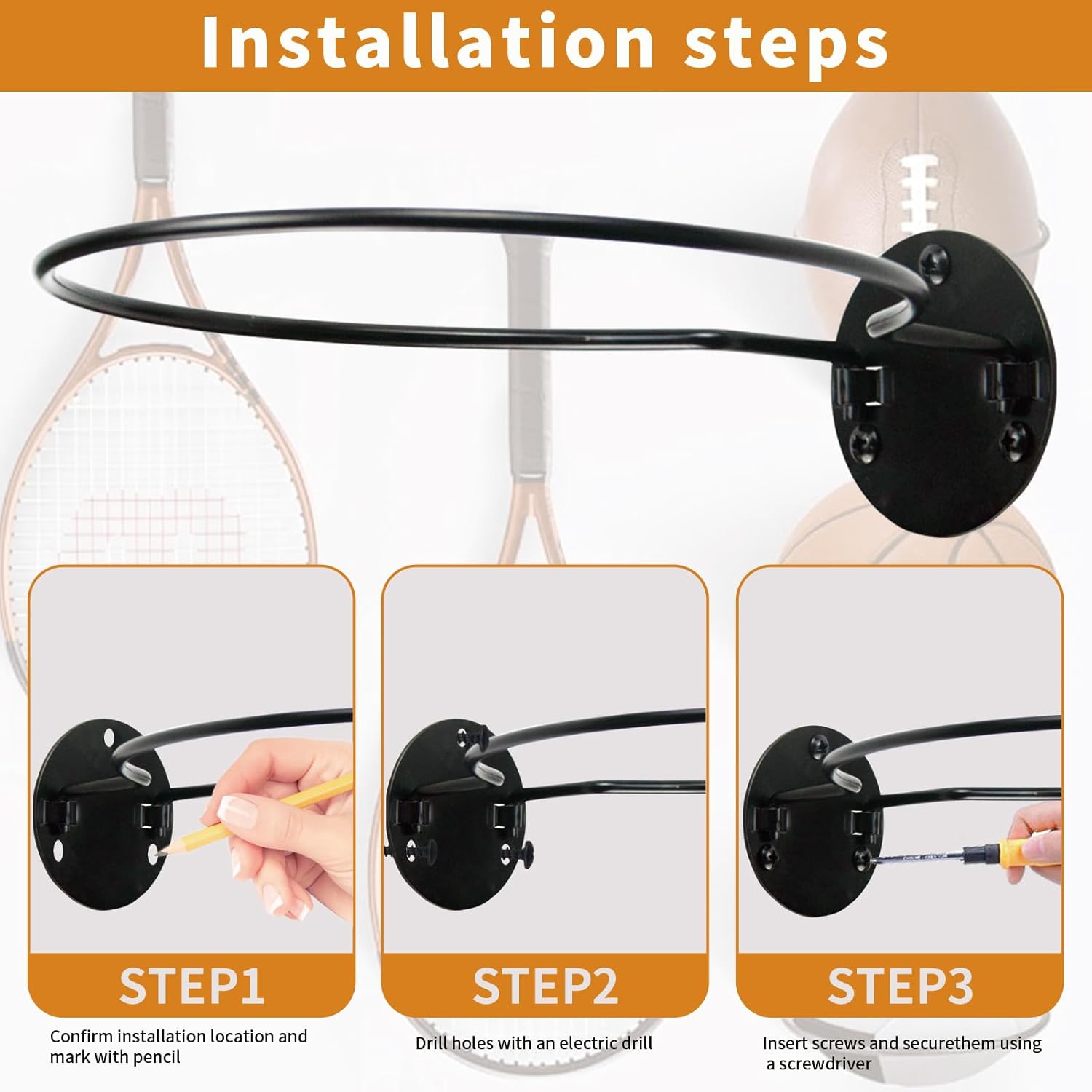 Wall Mount Ball Display Rack - Sports Ball Storage Holder for Basketball, Football & Soccer