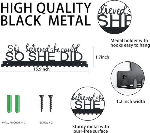 Goutoports Medal Holder Display Hanger - She Believed She Could She Did - Personalized Medal Wall Hanger for Sport Race Runner Sturdy Black Steel Metal Over 60 Medals Easy to Install