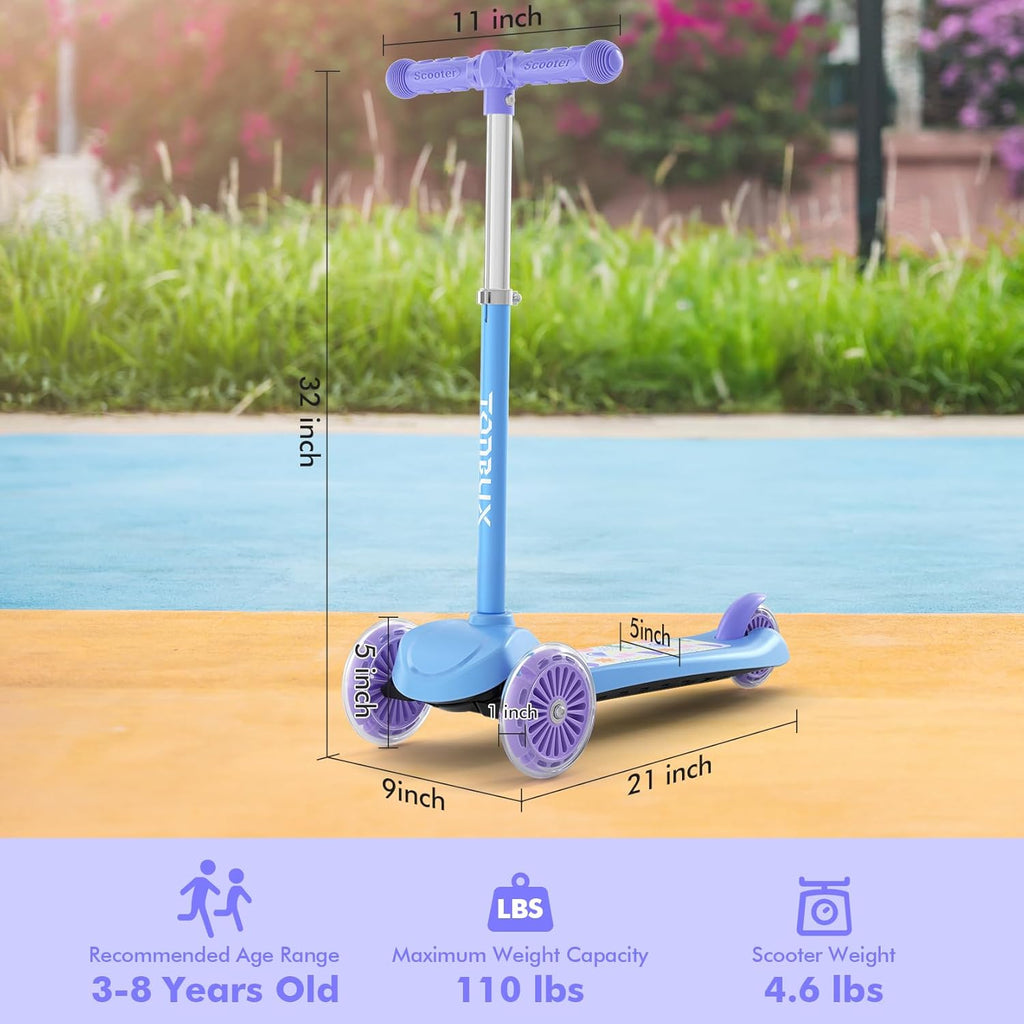 TONBUX Kids Scooter - Light-Up Wheels & Adjustable 4-Level Height | 3-Wheel Lean-to-Steer Design for Ages 3-8