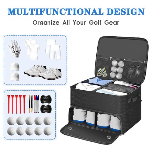 Jenlan Golf Trunk Organizer, 2 Layer Car Trunk Locker with Separate Ventilated Shoe Compartment - Waterproof Golf Accessories Storage for Balls, Tees, Clothes, Gloves | Golf Gifts for Men Golfers
