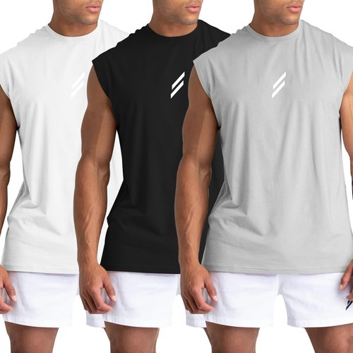 LSLXYWZX Men's Tank Tops 3 Pack Sleeveless Workout Mesh Material Quick Dry Athletic Running Gym Muscle Beach Fitness Shirts (US, Alpha, Large, Regular, Regular, Black+White+Gray)