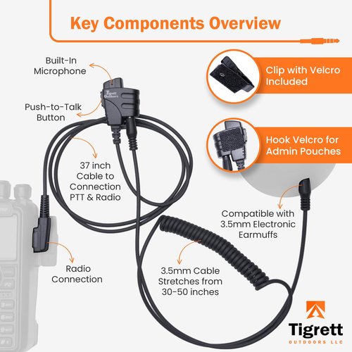 Tigrett Outdoors SMC Push-to-Talk Cable w/ 3.5mm Audio Cable Adapter for Kenwood K1 Radios Including Baofeng UV5R - PTT for Electronic Earmuffs - Hook and Loop Upgrade for Plate Carriers
