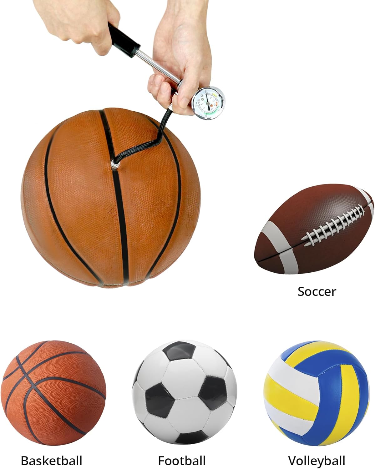 QWORK Sports Ball Air Pump - Powerful Hand Pump with Pressure Gauge for Basketball, Soccer & More | Black