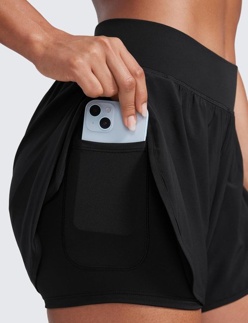 CRZ YOGA Running Shorts for Women - 2 in 1 High Waisted Athletic Gym Shorts with Pocket | 3" Length