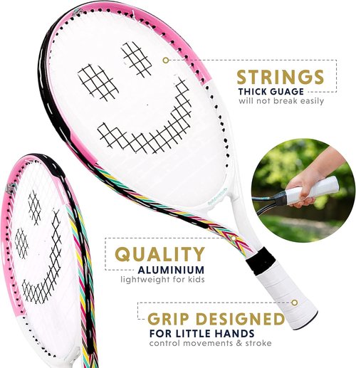Kids Tennis Racket with Training Videos – 19 Inch Aluminum Youth Tennis Racket with Neoprene Handle for Children Age 5-12 – Learn Faster and Play Better by Street Tennis Club, Pink/White