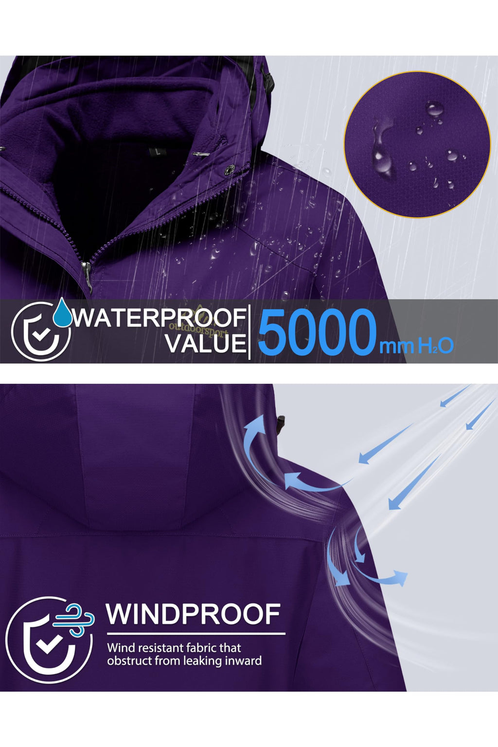MAGCOMSEN Winter Coats for Women Waterproof Insulated Snow Jacket Fleece Lined Jacket 3 In 1 Jacket Snowboarding Jacket Dark Purple L