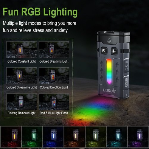 BORUIT EV20L LED Rechargeable Small EDC Flashlight with Green Beam,Pocket Keychain Flashlights with RGB Side Light,IP66 Waterproof,Clip & Tail Magnet for Outdoors Emergency Camping,Aluminum Black
