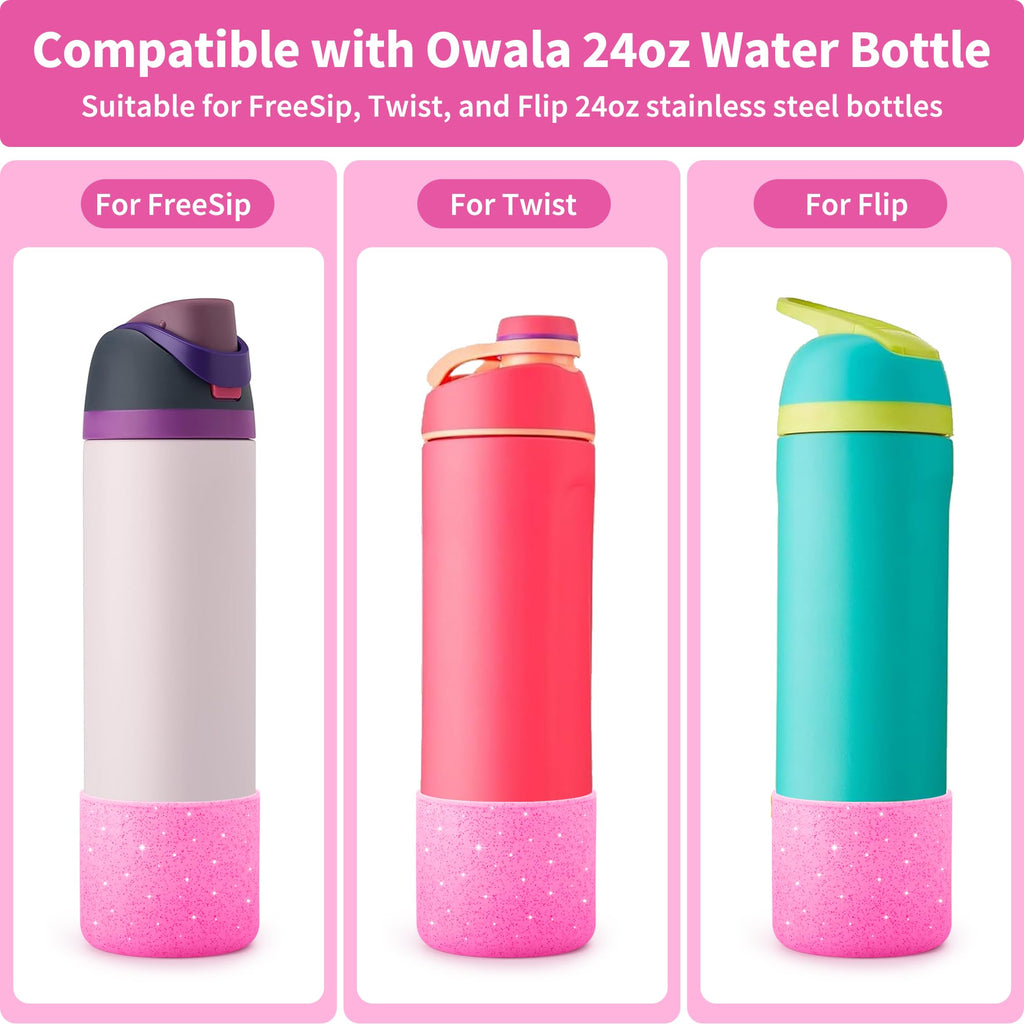 Diumepo Silicone Boot for Owala 24 oz Water Bottles, Anti-Slip Protective Sleeve Bottom Protector for Owala Twist & FreeSip & Flip Stainless Steel Water Bottle (Glitter Rose Red)