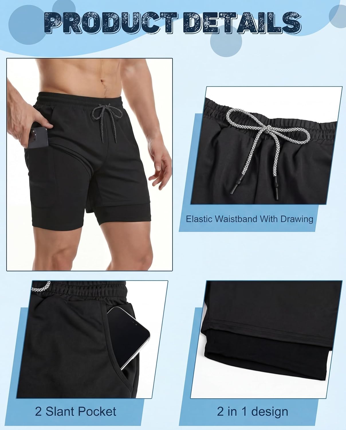 Sureio Men's 2-in-1 Quick Dry Workout Running Shorts - 5 Inch Athletic Gym Shorts with Pockets