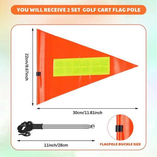 Hicarer 2 Set Reflective Golf Cart Flag Pole Kit Golf Cart Flag Holder Accessories Orange Safety Mount with Reflective Stripe Adjustable Height Flagpole Wheelchairs(Classic)