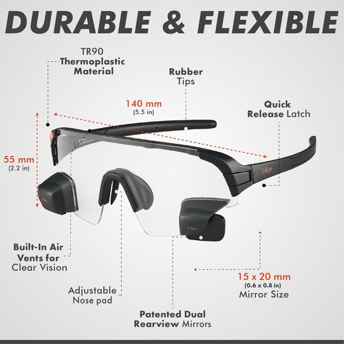 TriEye Sports Sunglasses with Rearview Mirror – Polarized Sunglasses for Men & Women For Rowing & Cycling Glasses – UV400 Protection, Durable TR90 Frame, Panoramic Revo Lens - Clear