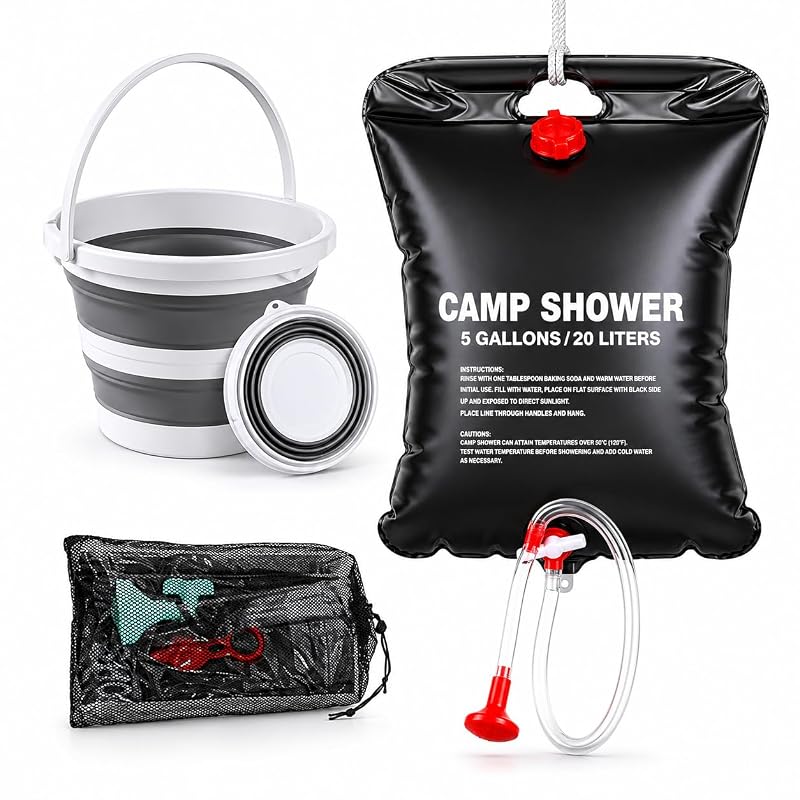 5 Gallon Portable Camping Shower Bag with Collapsible Water Bucket – Outdoor Shower Kit for Hiking, Beach & Travel