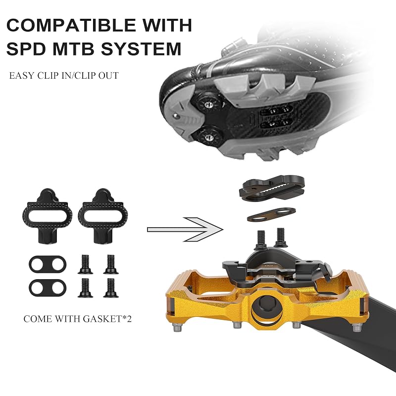 Dual Sided Mountain Bike Pedals with Reflectors - 9/16" Sealed Bearings, Clipless & Platform, GEWAGE (Glod)