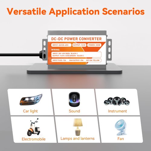 36V to 12V Golf Cart Voltage Converter, 25A 335W DC to DC Buck Power Supply, High Efficiency ≥90%, IP55 Waterproof Reducer with Overcurrent & Short-Circuit Protection, 13.5V Output for Cart/Solar
