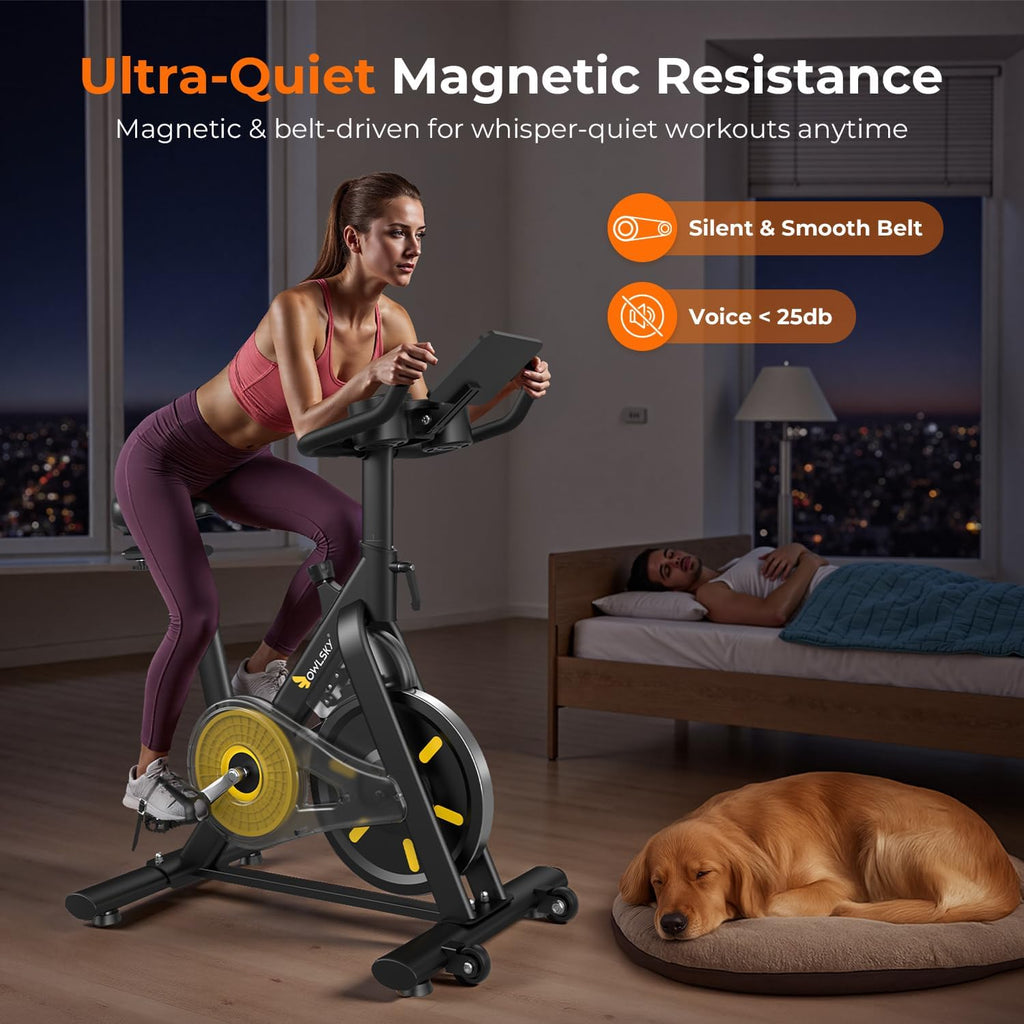 OWLSKY Exercise Bike - Quiet Indoor Cycling Stationary Bike with APP, 300 lbs Capacity, Adjustable Seat & Tablet Holder