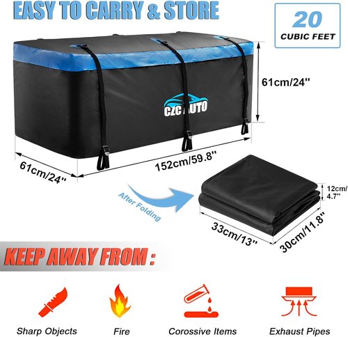 CZC AUTO Cargo Carrier Bag - 20 Cu. Ft Waterproof Travel Bag for Cars, Trucks & SUVs | Durable Soft Design (Blue)