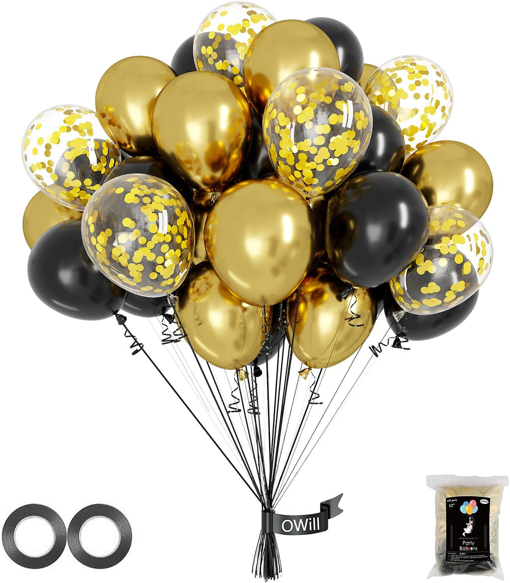 OWill Black and Gold Confetti Balloons - 100pcs 12" Balloons for Birthdays, Graduations & Weddings