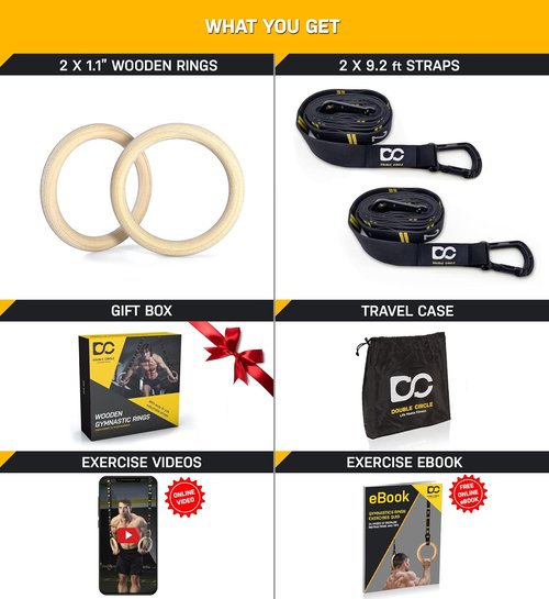 Double Circle Wood Gymnastics Rings - Quick Adjust Numbered Straps & Exercise Guide | Full Body Workout (Multi-Size)
