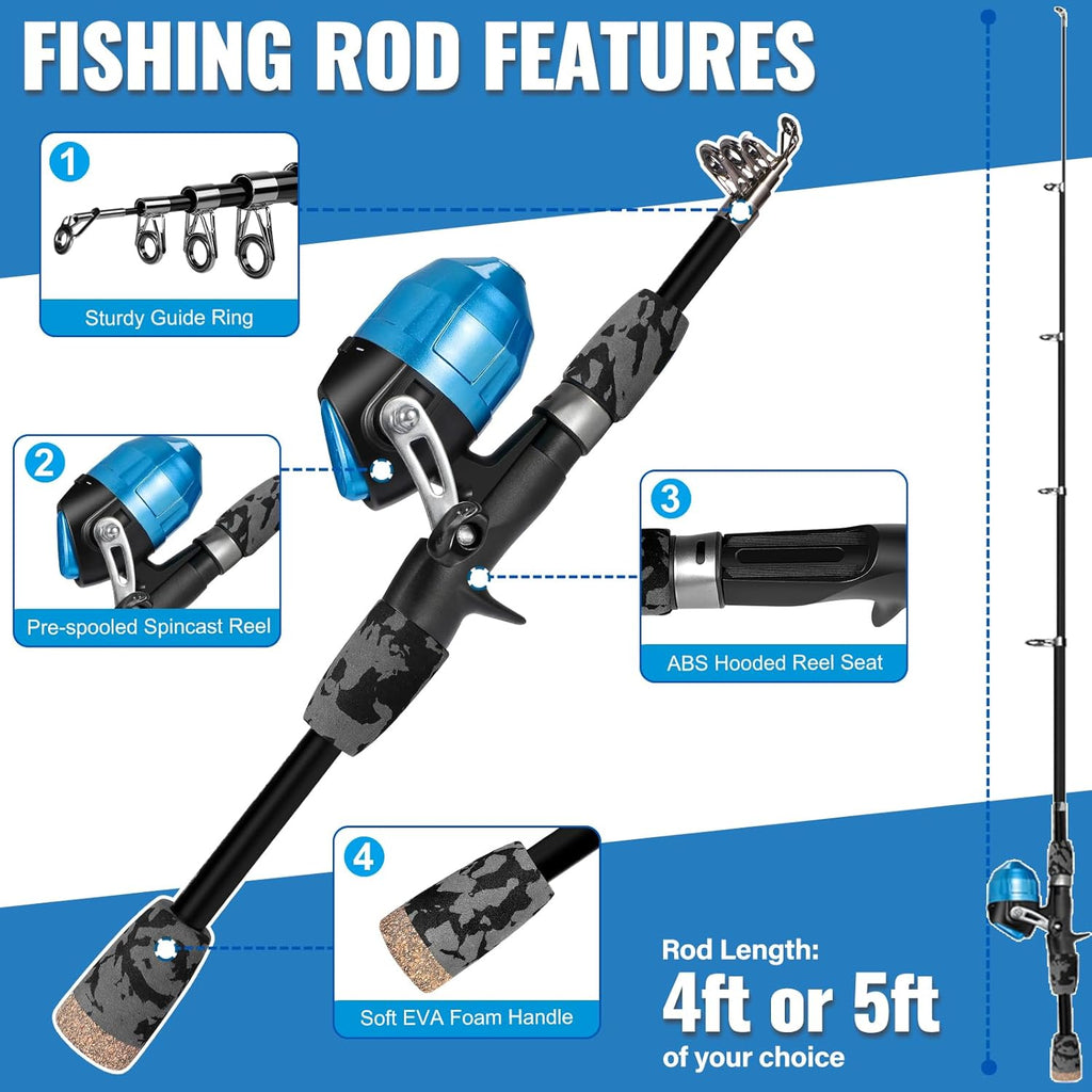 PLUSINNO Kids Fishing Pole - Telescopic Spincast Rod Combo for Boys, Girls & Adults - Complete Kit