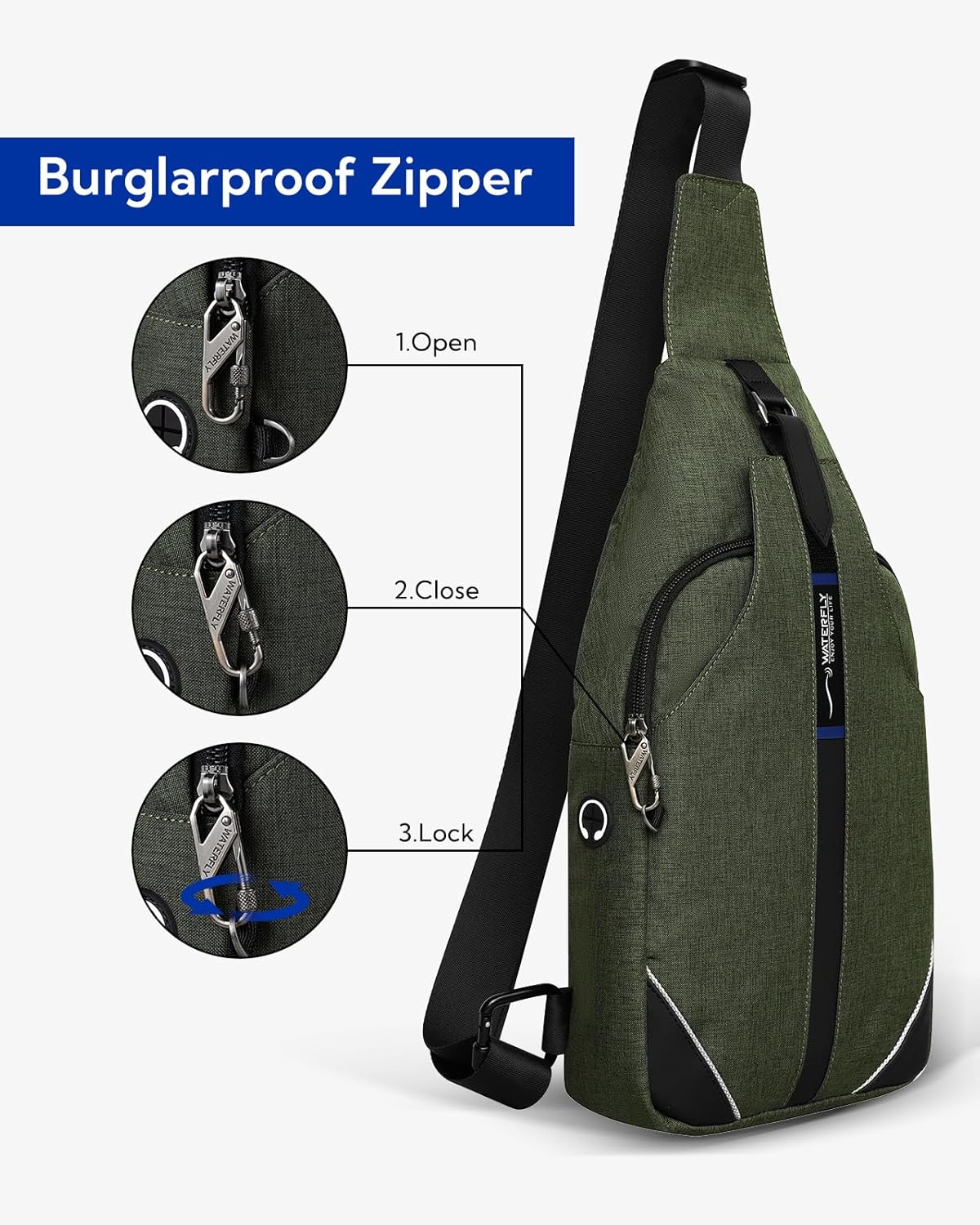 WATERFLY Medium Crossbody Sling Backpack - Anti-Theft Travel Chest Shoulder Bag