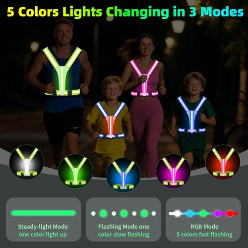 LED Reflective Vest by Skiennix - 5 Color Modes, Adjustable Running Gear for Men, Women & Kids