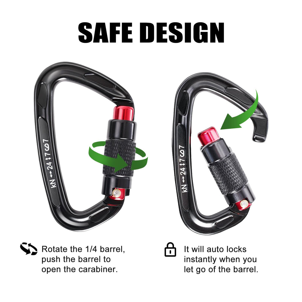 Screwgate Climbing Carabiner Clips with an Auto Locking Heavy Duty Carabiner Clip, Suitable for Rock Climbing, Rappelling, Rescue, Hammock, Aerial Work, Camping, etc(2 Packs of D Ring Carabiners)