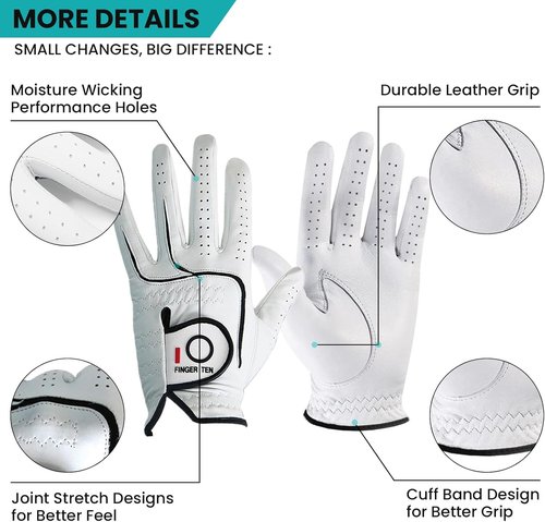 FINGER TEN Premium Soft Cabretta Leather Golf Gloves - Tour Fit Grip | Left & Right Hand, Cadet Sizes S-XXL