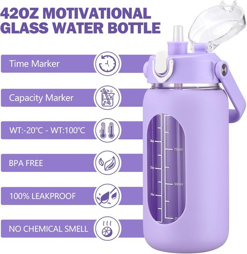 kytffu 42oz Glass Water Bottles with Straw, Motivational Glass Bottle with Silicone Sleeve and Time Marker, Leakproof Large Glass Water Jug for Gym Home Office,Purple
