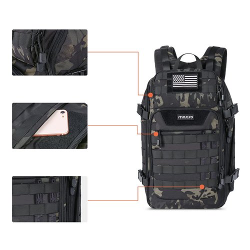 MOSISO 30L Tactical Backpack, Military Daypack 3 Day Assault Rucksack Outdoor Hiking Hunting Fishing Camping Training Shoulder Bag with USA Flag Patch & USB Charging Port, Night Camouflage