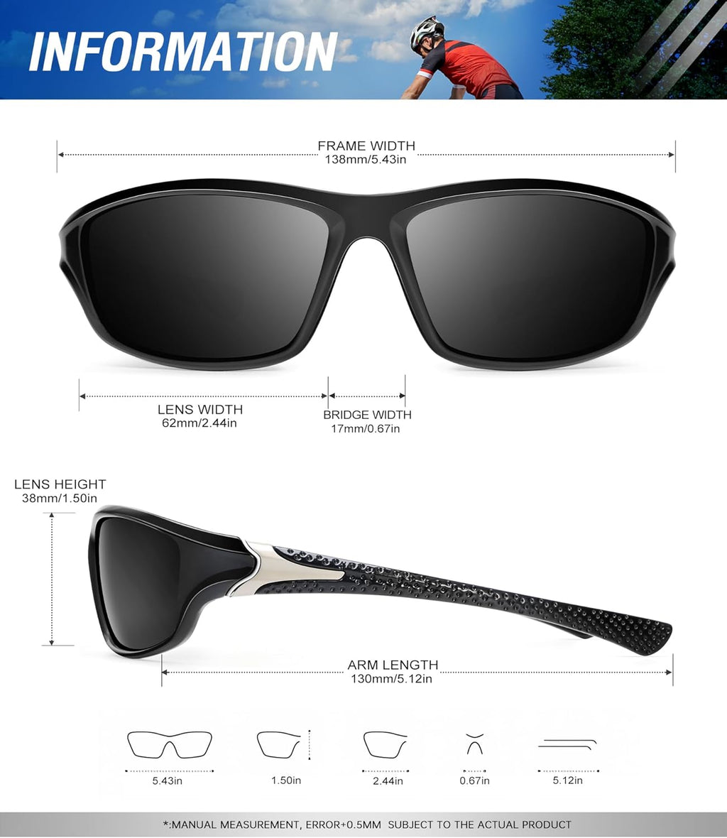 Polarized Sunglasses Men, Sports Sun Glasses Womens UV400 Protection for Fishing Running Driving