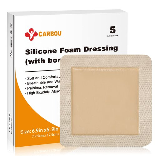 Carbou 5Pcs Silicone Foam Dressing 7" x 7" (17.5cmx17.5cm) - Wound Care Sacrum Foam Dressing with Border Adhesive Waterproof Central Ultra Absorbent-Foam(4.9" X 4.9")Waterproof Silicone Wound Bandage