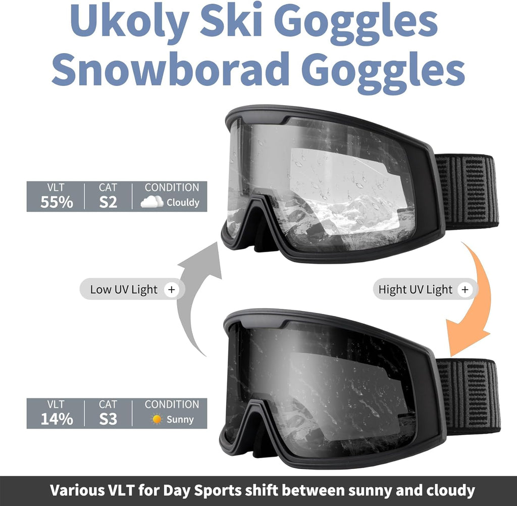 Ukoly Ski/Snowboard Goggles - HD Anti-Fog Lens, UV400 Protection, OTG Design for Men & Women