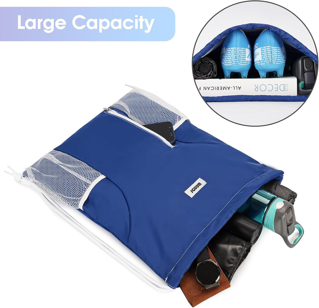 WANDF Drawstring Backpack Sports Gym Sackpack with Mesh Pockets Water Resistant String Bag for Women Men (Navy Blue)
