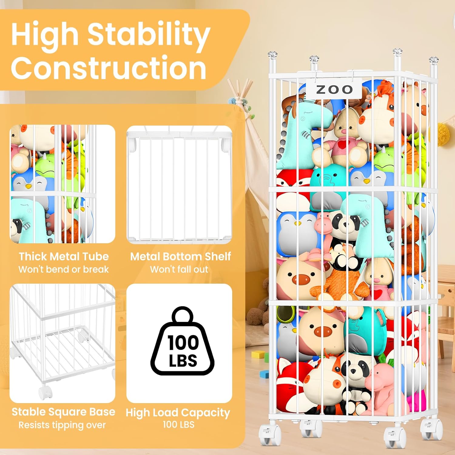 TomCare Extra Large Stuffed Animal Storage - Space-Saving Organizer with 4 Lockable Wheels for Playroom & Bedroom