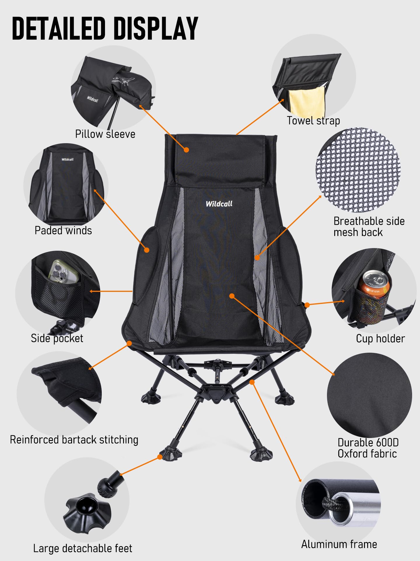 WildCall Lightweight Folding High Back Camping Chair with Head Support, Compact Beach Chair with Anti-Sinking Large Feet and Three Tilt Angles Adjustment