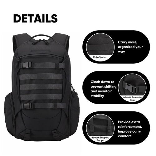 Fortune Edge 35L Tactical Backpack for Men, MOLLE Military Bug Out Bag, Waterproof Rucksack for Hiking with Hydration Port Black