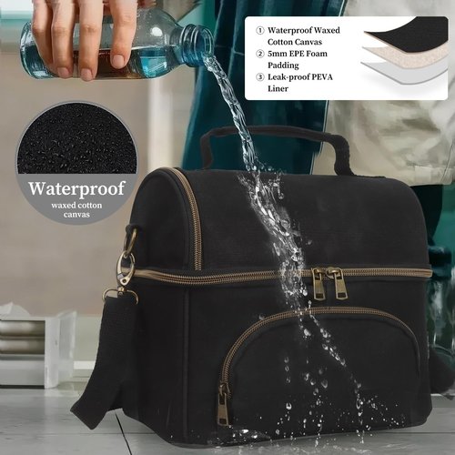 Waxed Canvas Lunch Cooler Bag for Men, Insulated Lunch Box with Two Compartment, Small Soft Cooler Lunch Bags with 2 Ice-Packs, 10.5L Leakproof Lunchbox for Work, Camping, Beach and Road Trips