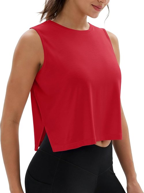 MAGCOMSEN Women's Crop Tank Top - Sleeveless Workout Gym Top with Side Slits for Comfort & Style