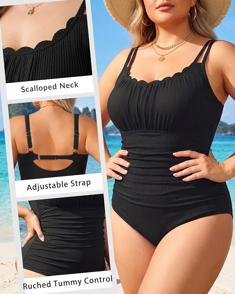 Women's Plus Size One Piece Swimsuit with Tummy Control - Ribbed Bathing Suit, Black+22