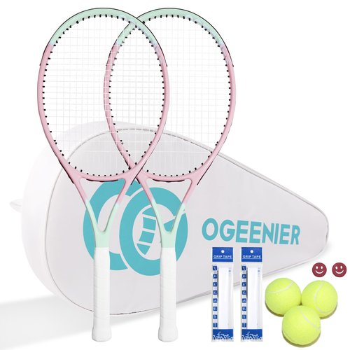 OGEENIER 27" Tennis Racket Set for Adults, Pre-Strung Tennis Racquets for Beginners, 2-Player Recreational Tennis Set with 3 Balls, 2 Vibration Dampers, 2 Grips, 1 Carrying Bag