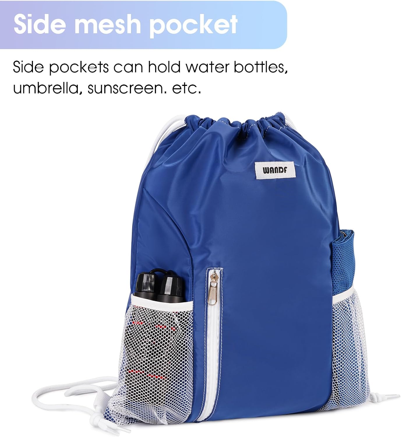 WANDF Drawstring Backpack Sports Gym Sackpack with Mesh Pockets Water Resistant String Bag for Women Men (Navy Blue)